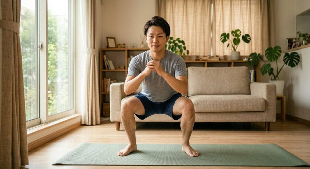 朝の明るいリビングで、正しいフォームでゆっくりとスクワットをする日本人男性