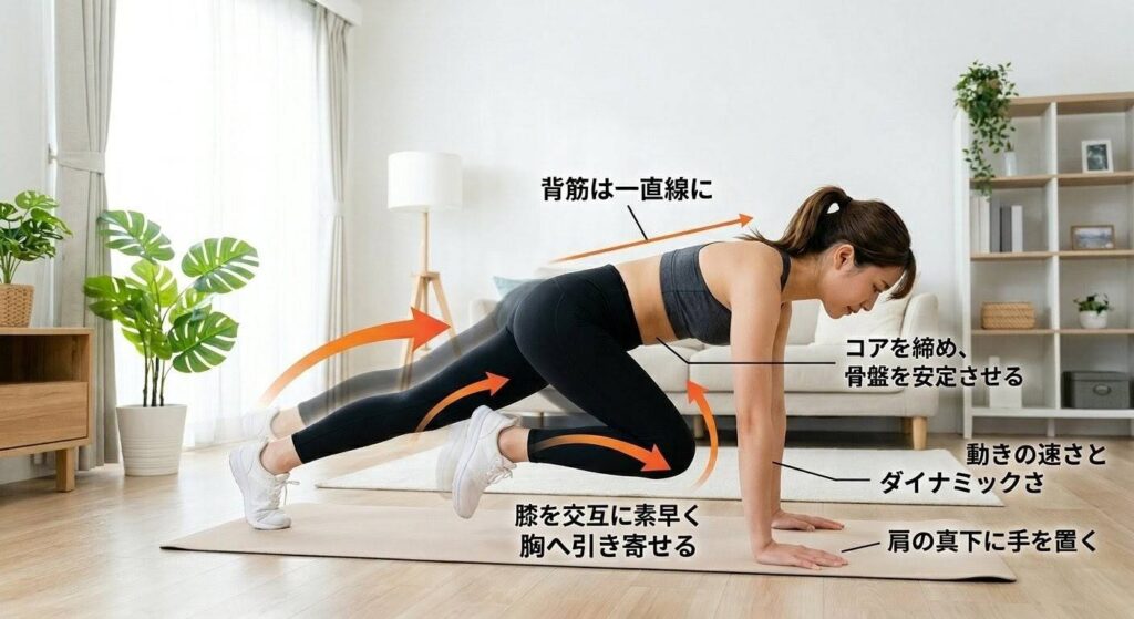 マウンテンクライマーの膝を交互に引き寄せる動きを示す解説画像。