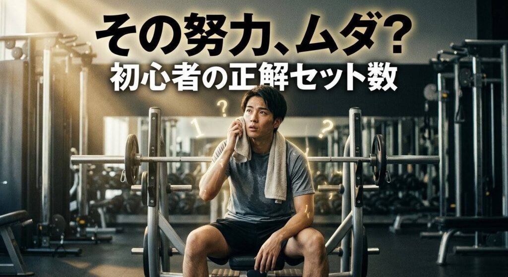 筋トレ初心者が1セットで終わろうとして悩む様子。アイキャッチ。