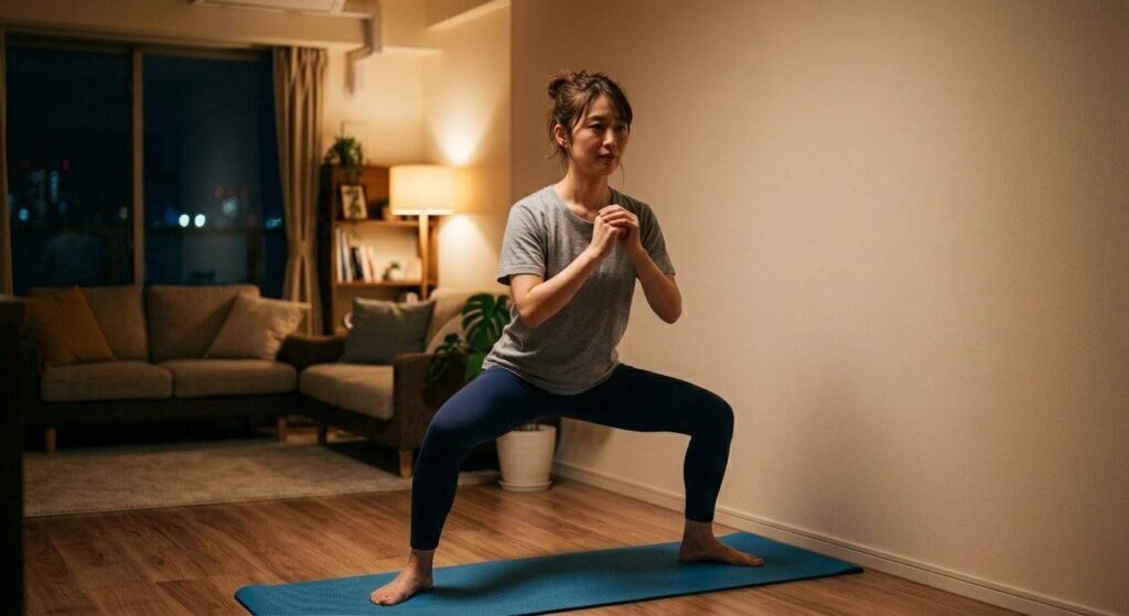 初心者向けの夜の筋トレメニュー2：ワイド・スロースクワットの実践画像。夜の自宅リビングで、20代後半の日本人女性が足を大きく開き、ゆっくりと腰を落としている様子（ワイドスクワット）。息を上げずに静かに脂肪燃焼スイッチをオンにするフォームを解説。