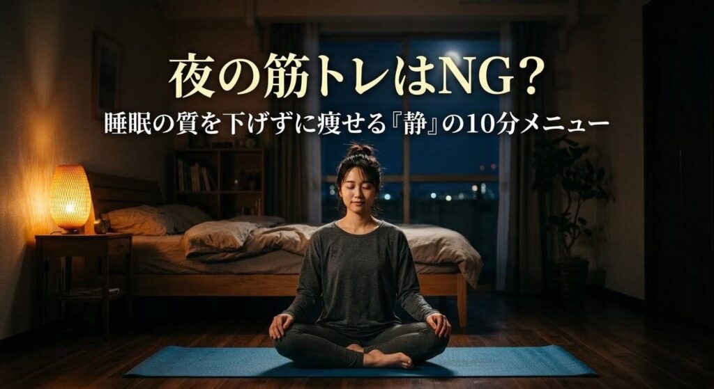 「夜の筋トレはNG？」という問いかけと「睡眠の質を下げずに痩せる『静』の10分メニュー」というテキストが入った、夜の自宅でのアイキャッチ画像。20代後半の日本人女性が薄暗い寝室でヨガマットの上に座り、間接照明を浴びてリラックスしている様子。
