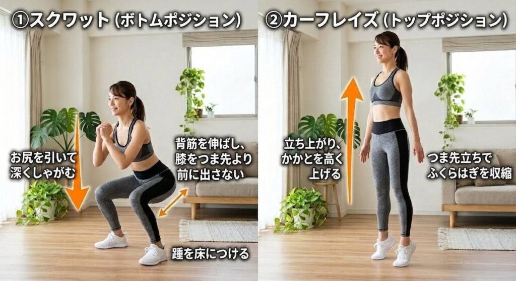 スクワットとつま先立ち(カーフレイズ)の動きを示す2分割画像。