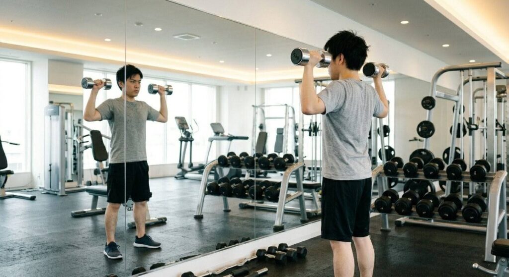 鏡を見ながら正しいフォームでショルダープレスに集中する日本人初心者男性