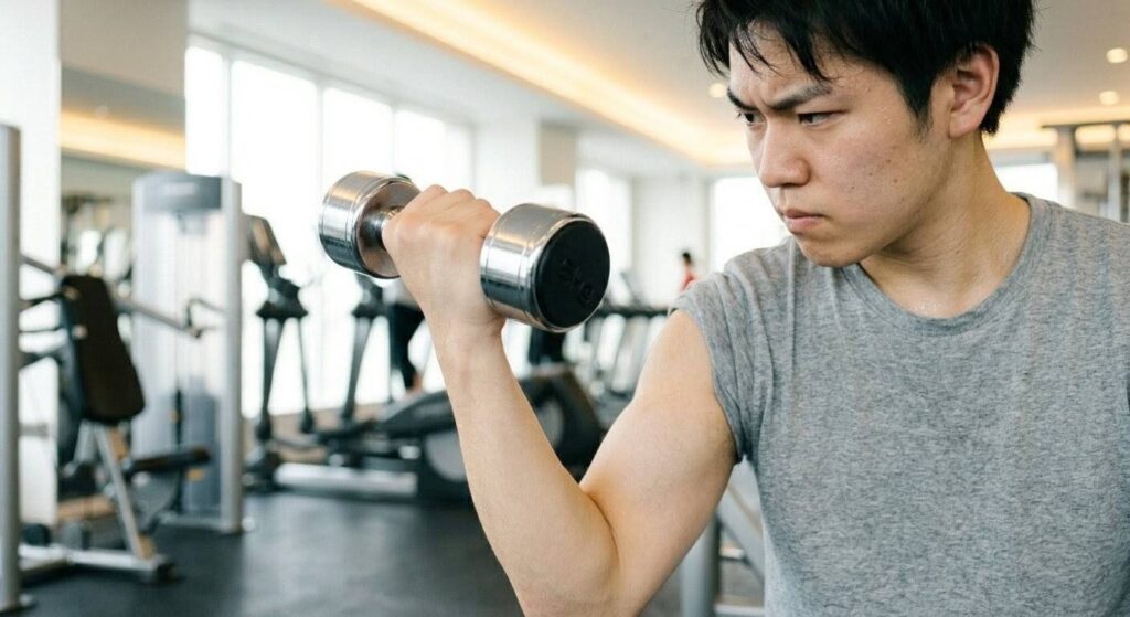 筋トレで筋肉の動きを意識している日本人初心者男性