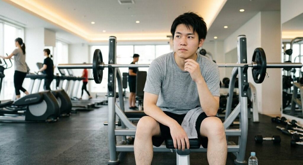 1セットを終えて休憩し、次をどうするか迷っている日本人初心者男性