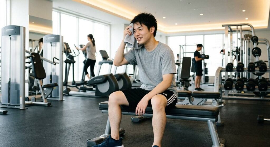 筋トレの黄金ルールに挑戦して充実した表情の日本人初心者男性