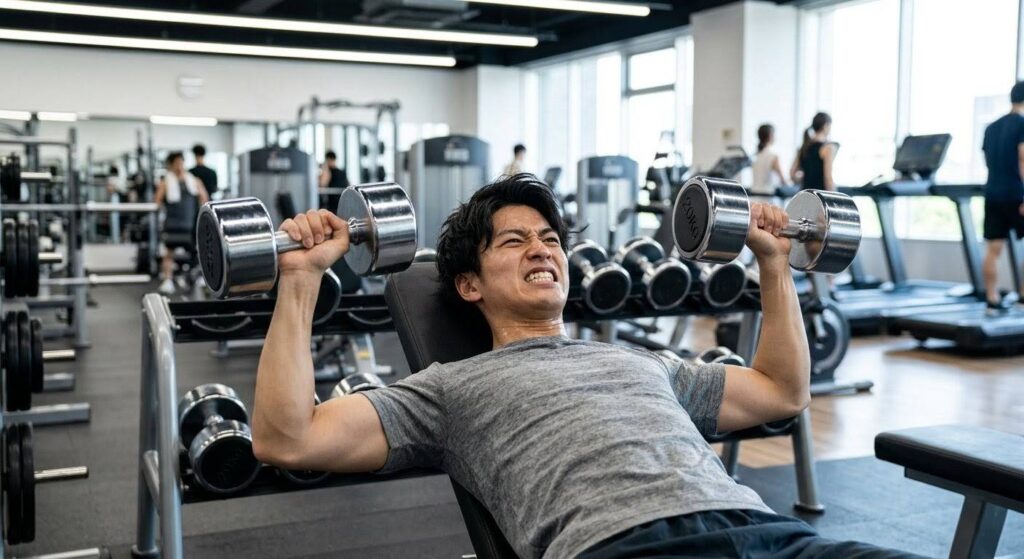 総負荷量（ボリューム）を稼ぐために必死に限界まで追い込む日本人初心者男性