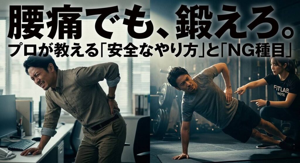 腰痛に悩みながらもパーソナルトレーナーの指導のもと正しいフォームでサイドプランクを開始する男性。上部には「腰痛でも、鍛えろ。」、下部には「プロが教える『安全なやり方』と『NG種目』」という文字
