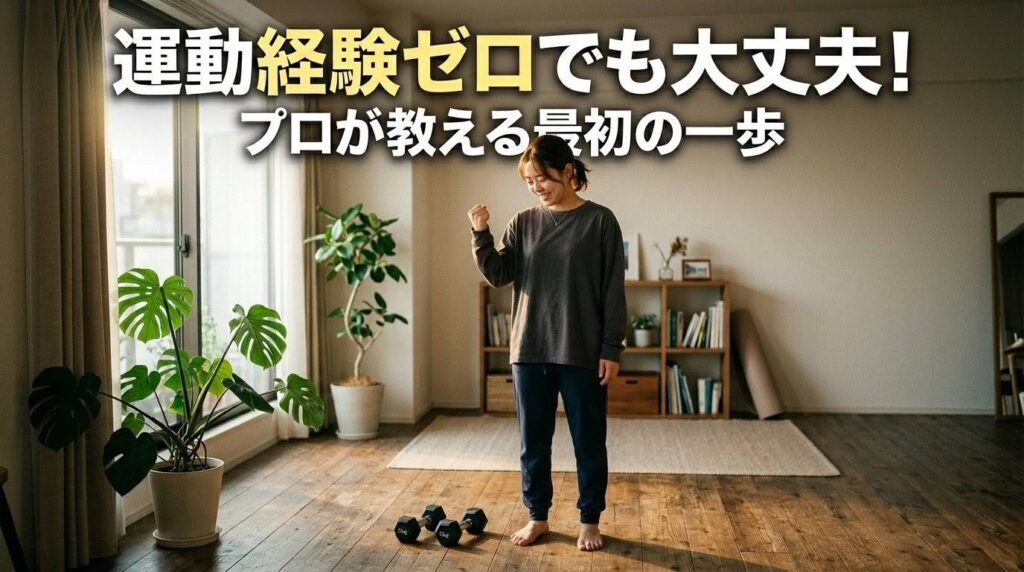 自宅のリビングでダンベルを前に笑顔でガッツポーズをし、筋トレへの第一歩を踏み出した運動初心者の日本人女性。上部には「運動経験ゼロでも大丈夫！プロが教える最初の一歩」という文字が書かれている。