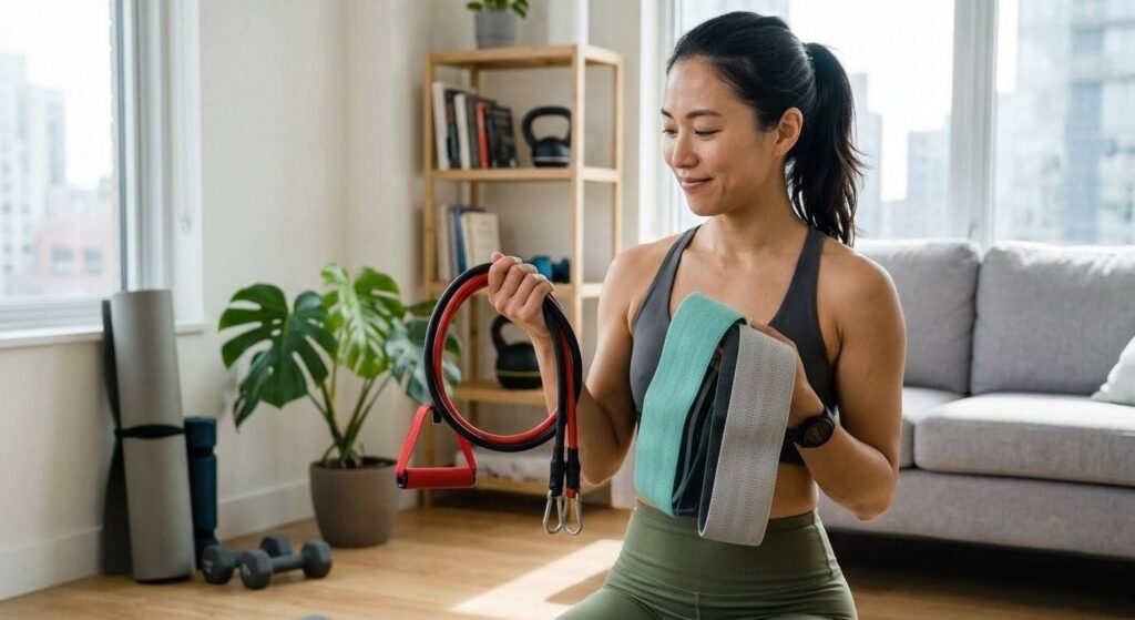 日本人女性が、グリップ付きチューブとループバンドの両方を手に持ち、どちらを選べばいいか迷っているが、前向きな表情。