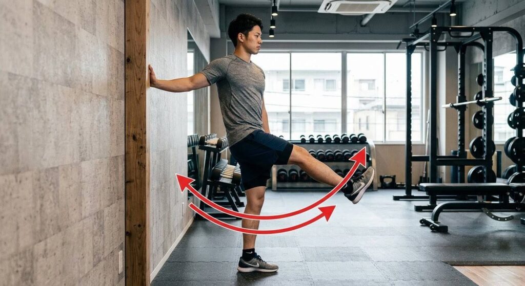 壁に手をつき、片足を前後に大きく振るレッグスイングのやり方