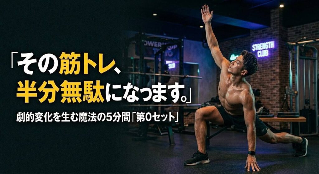 筋トレ前のウォーミングアップ（動的ストレッチ）の重要性を解説する記事のアイキャッチ画像（「その筋トレ、半分無駄になってます」の文字入り）
