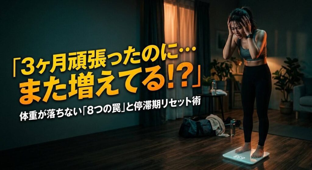 筋トレを3ヶ月続けても体重が減らない停滞期の原因と解決策を解説する記事のアイキャッチ画像