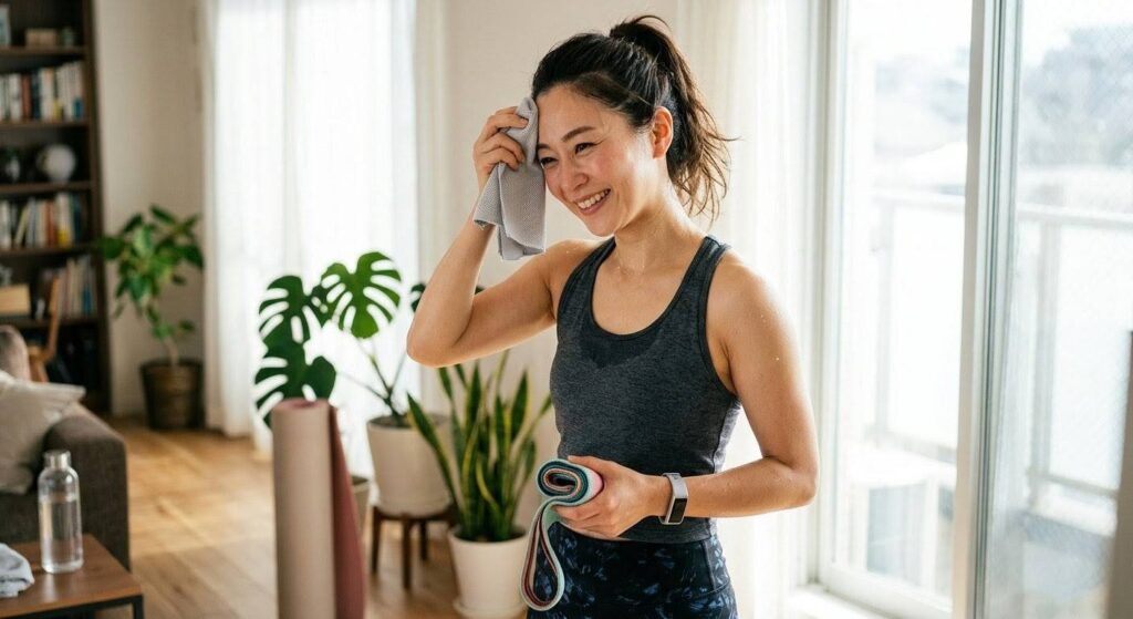 日本人女性が自宅でのチューブトレーニングを終え、充実感のある表情でチューブを片手に持ち、汗を軽く拭いている。