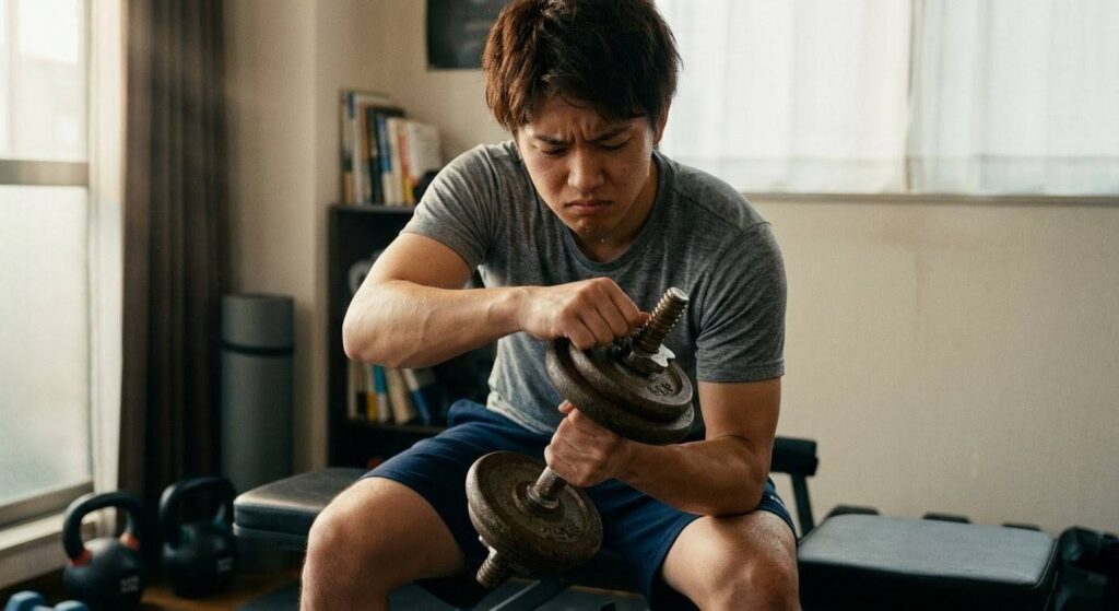 プレートの付け替えが面倒で筋トレのモチベーションが下がる様子