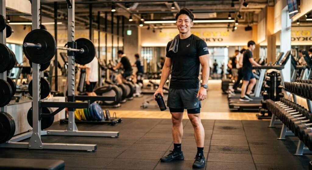 筋トレ前のウォーミングアップからスタートし、モチベーション高くジムに立つ日本人男性