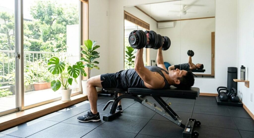 自宅でトレーニングベンチを使いダンベルプレスを行う日本人男性