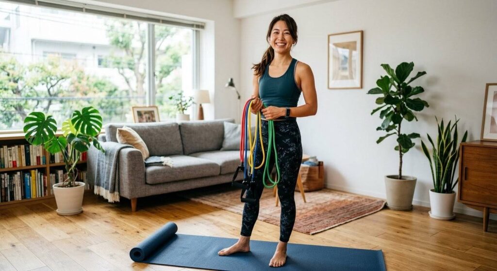 自宅の明るいリビングで、健康的な日本人女性が笑顔で筋トレチューブ（トレーニングバンド）を使ってトレーニングを始めようとしている様子。