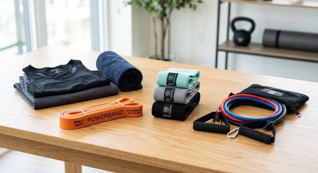おしゃれなフィットネスウェアの近くに、紹介する3種類の商品（グリップ付き、布製ループ、極太ラバー）がきれいにディスプレイされている。