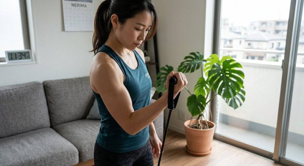 日本人女性が自宅で、グリップ付きの筋トレチューブを使ってゆっくりとコントロールされた動きで腕（上腕二頭筋）を鍛えている様子。
