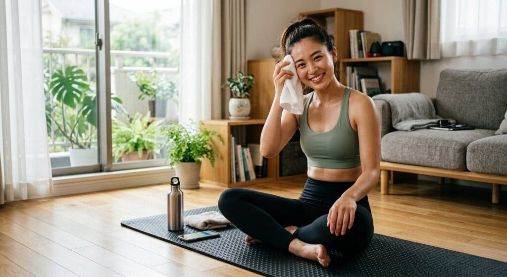自宅での筋トレを終えて達成感を感じている笑顔の日本人