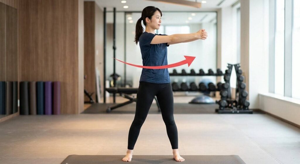 下半身を固定し、腕を前に伸ばして上半身を捻るトランク・ツイストのやり方