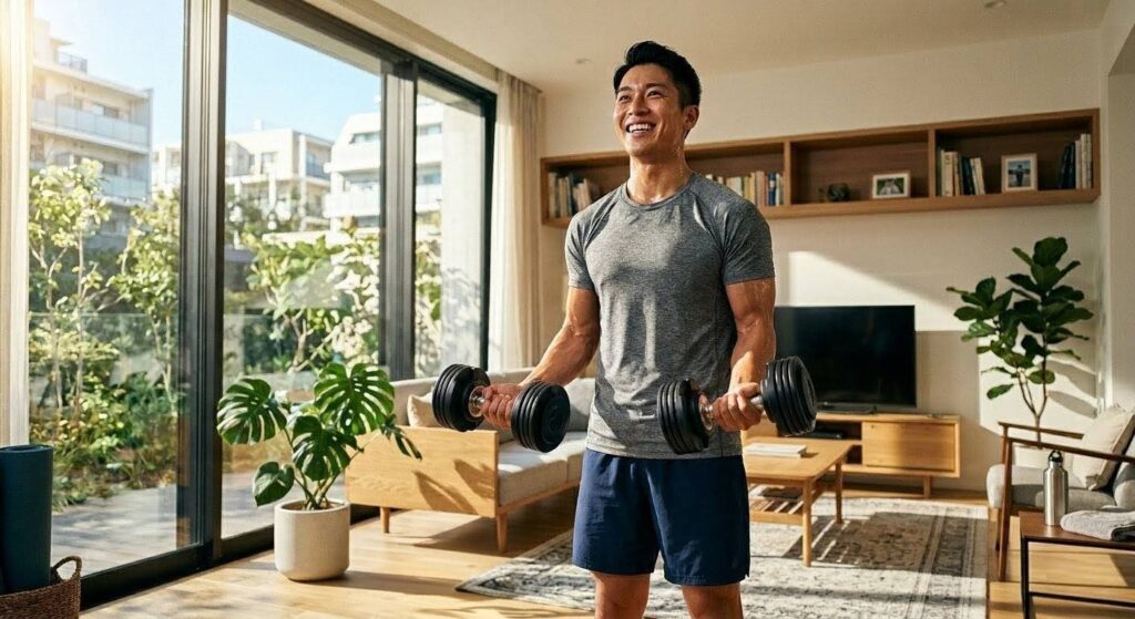 可変式ダンベルで最高の家トレライフを楽しむ様子