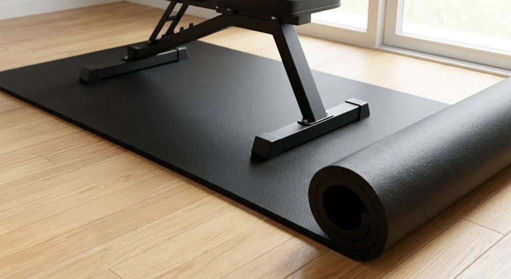 自宅のフローリングの傷や騒音を防ぐ厚手のトレーニングマットとダンベル