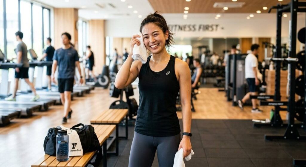準備運動を取り入れて怪我なく安全に筋トレを終え、笑顔で汗を拭う日本人女性