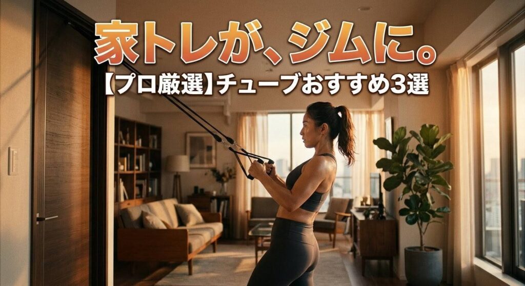 洗練されたモダンなリビングルームでトレーニングチューブを使い、背中を鍛えている日本人女性。画面上部には力強いフォントで「家トレが、ジムに。」と、その下に「【プロ厳選】チューブおすすめ3選」と書かれている。